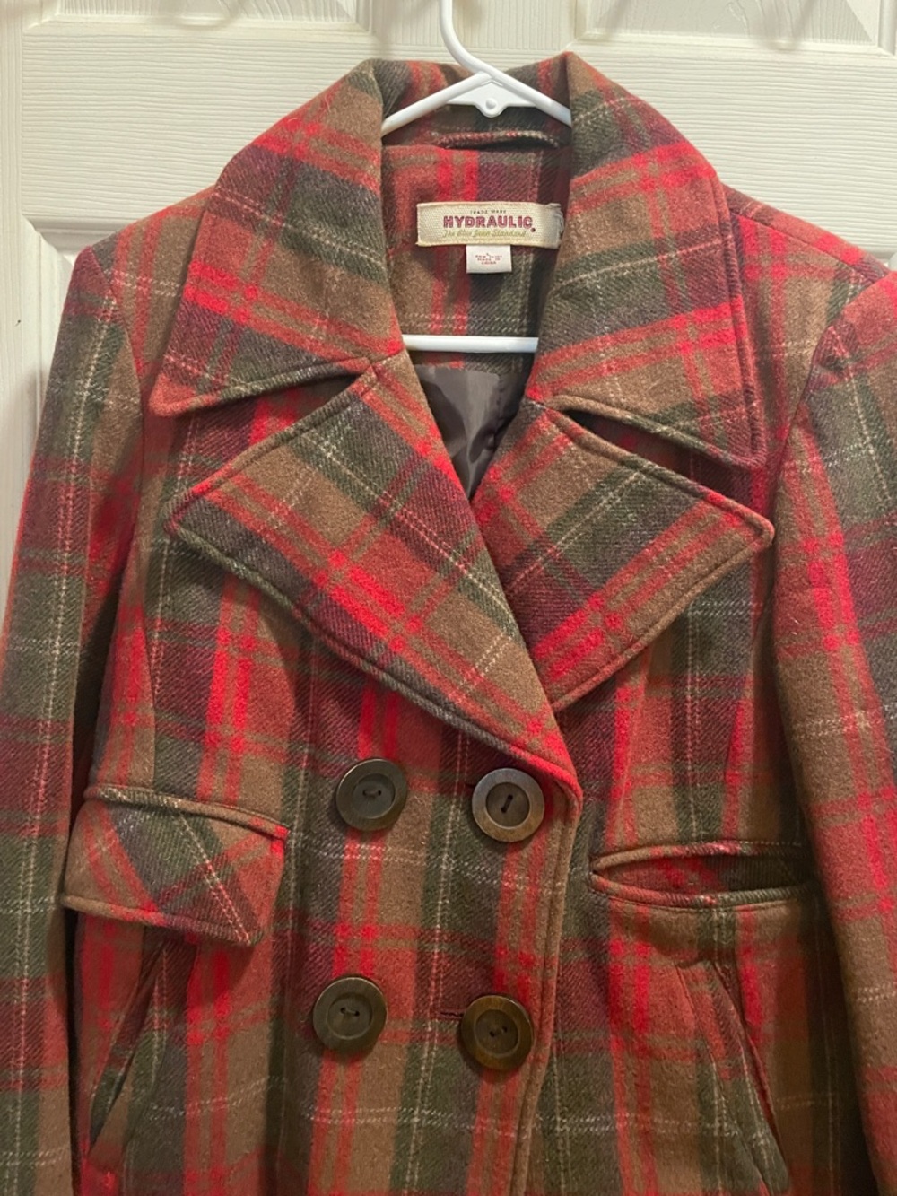 Hydraulic Red & Brown Plaid Double-Breasted Peacoat